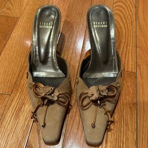 Stuart Weitzman cashew suede kitten heel mules -Flora